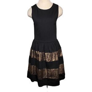 Bar III Fit Flare Dress Size Small Black Gold Metallic Sleeveless